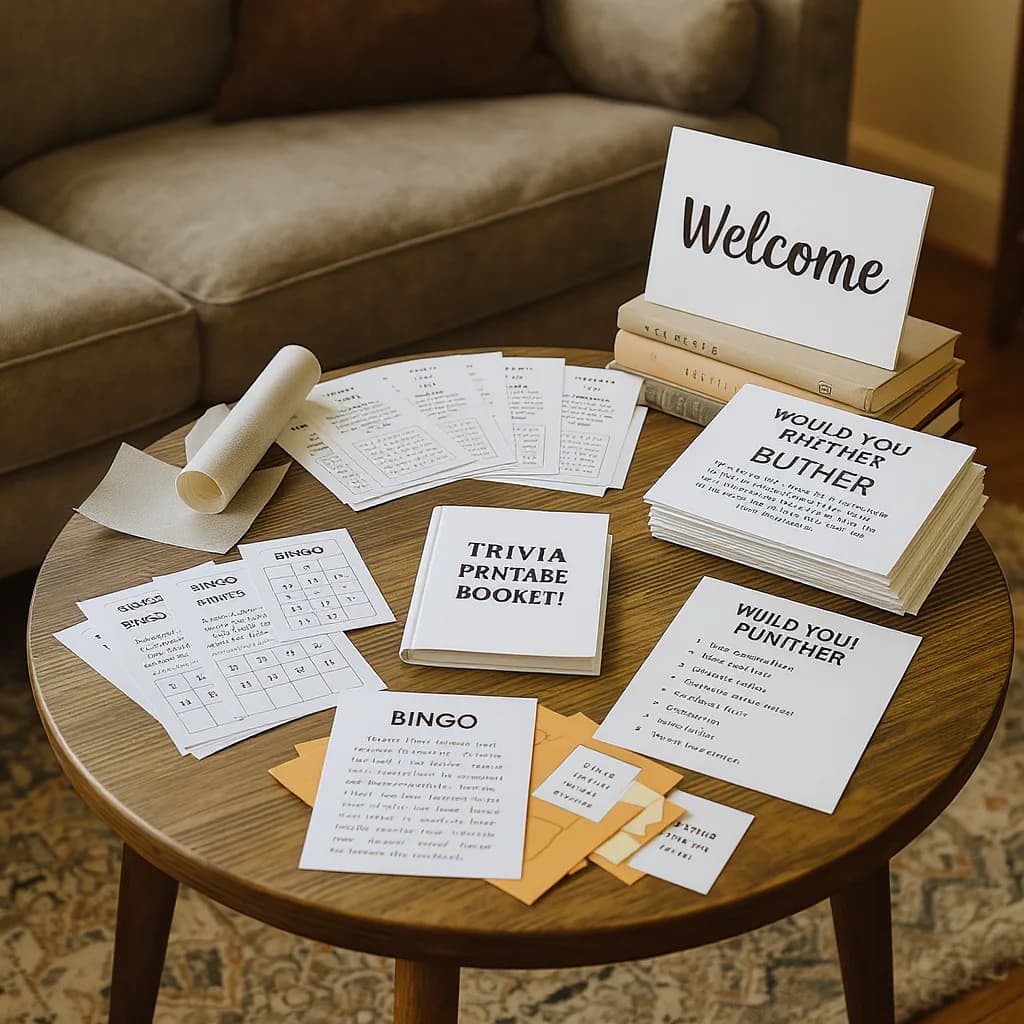 A complete Bashberry printable pack spread across a coffee table - trivia, bingo, scavenger hunt and welcome sign