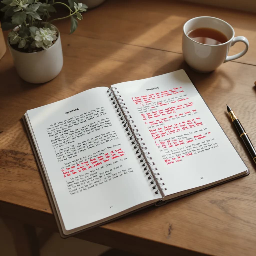 A spiral-bound Bashberry proofing booklet open on a desk with a fountain pen