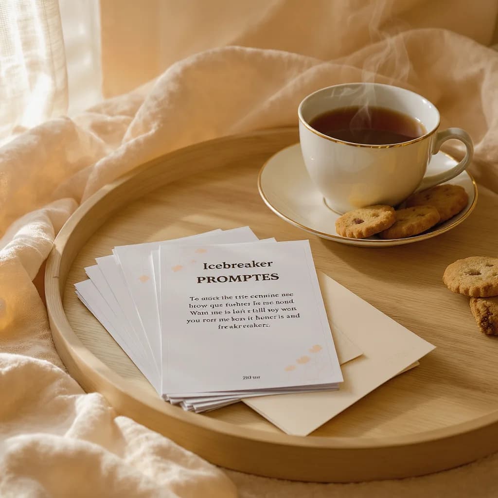 A small fanned-out stack of Bashberry icebreaker prompt cards on a wooden tray