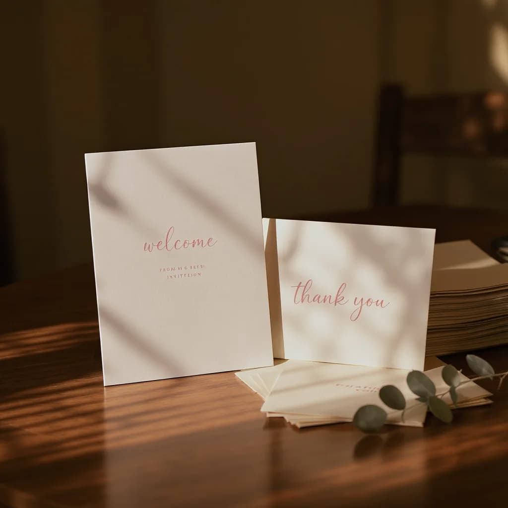 An invitation card and welcome sign leaning against a stack of thank-you notes with a sprig of eucalyptus